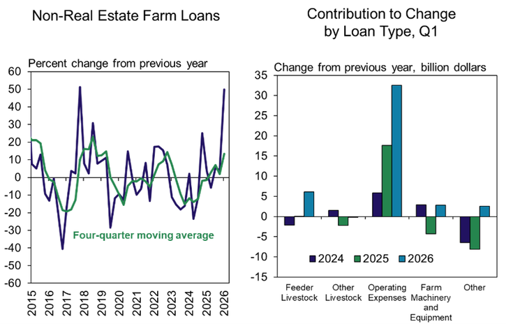 Two charts: Left shows percent change in non-real estate farm loans (2015–2026), with volatile lines and a four-quarter moving average. Right shows 2024–2026 projected changes by loan type, with largest increases for operating expenses.