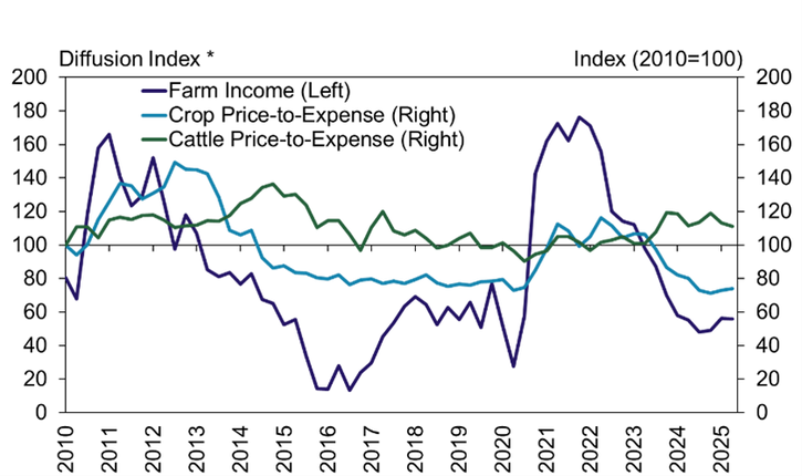 Chart 1: Tenth District Farm Income and U.S. Farm Price-to-Total Production Expenses Line chart illustrating the diffusion index of farm income and the U.S. farm price-to-total production expenses over several quarters. The chart reveals trends in farm income relative to production expenses.