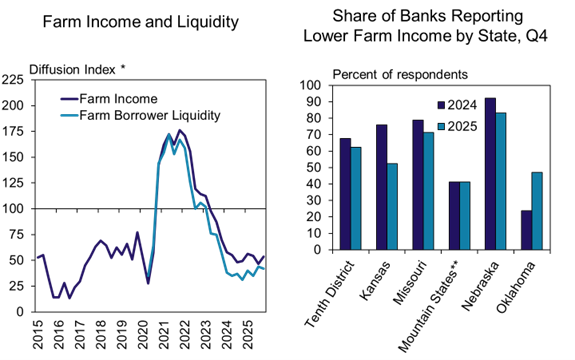 Two charts: Left—Line graph showing farm income and borrower liquidity from 2015 to 2025, peaking in 2021 then declining. Right—Bar chart of the percent of banks in six regions reporting lower farm income in Q4 2023 and 2024, higher in 2024.
