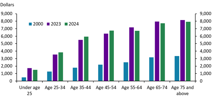 Chart 10 illustrates annual health care expenditures by age group as of 2024. The chart demonstrates that older people spend significantly more on health care than younger people.