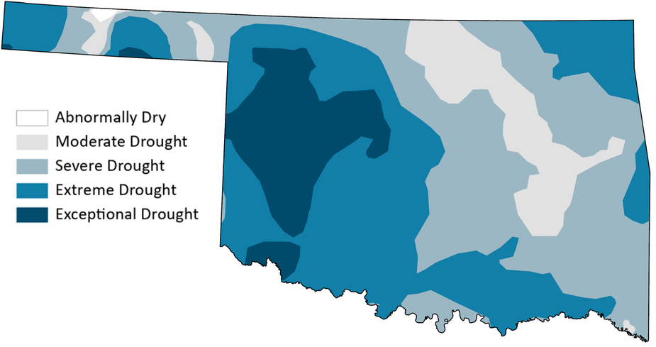 A map of Oklahoma showing areas in moderate, severe, extreme, and exceptional drought.