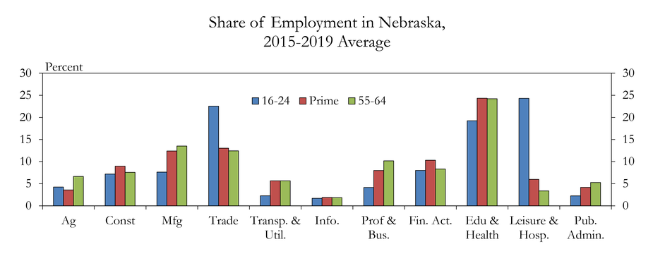 The chart shows the share of employment in Nebraska by industry and age.
