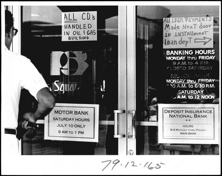George’s on-the-job training is accelerated when Penn Square Bank in Oklahoma City is declared insolvent, part of a banking crisis that would have deep regional and national implications. Photo courtesy of the Oklahoma Historical Society.