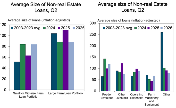Two bar charts compare the average size of various non-real estate farm loans for Q2 from 2003-2023, plus projections for 2024, 2025, and 2026. Small/mid and large loans are shown, with large loans highest in recent years.