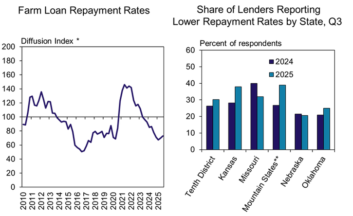 Farm loan repayment rates in the District declined at a pace similar to the previous quarter. The share of lenders reporting lower repayment rates inched higher in most states, reaching as high as 40% in Kansas and the Mountain States.