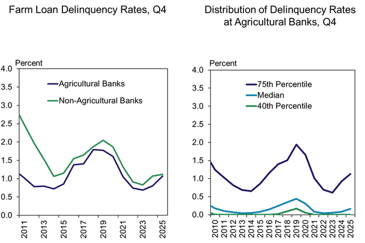 Two line charts show farm loan delinquency rates (2011–2025). Left: agricultural and non-agricultural banks, both peaking around 2011 and 2019. Right: percentiles for agricultural banks, with the 75th percentile much higher than median and 40th.