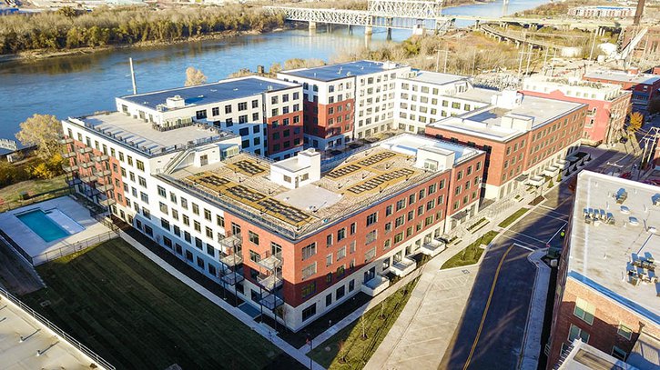An aerial view of the Second and Delaware apartments in Kansas City which used new construction techniques and technology to change  its energy blueprint.