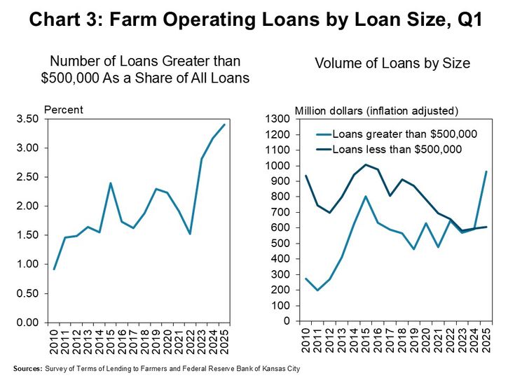 Chart 3: Farm Operating Loans by Loan Size, Q1 - The share of new loans larger than $500,000 increased sharply for the second consecutive year, rising to about 3.5% in the first quarter. The share of lending volumes attributed to loans more than $500,000 increased substantially.