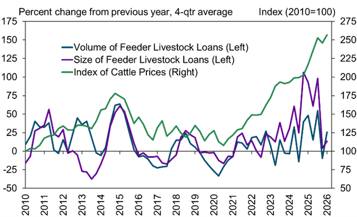 Line chart showing percent change from previous year for feeder livestock loan volume (blue), loan size (purple), and cattle price index (green) from 2010 to 2026; cattle prices rise sharply from 2022 onwards.