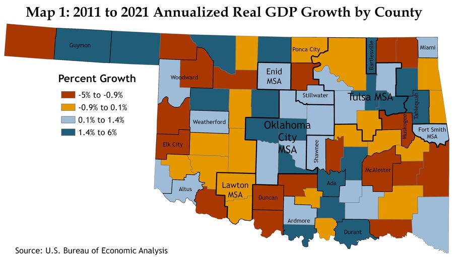 Map 1 shows annualized real GDP growth from 2011 to 2021 for each county in Oklahoma. It splits the counties into quartiles based on their growth rate. The top quartile represents 1.4% to 6% growth, the second quartile is 0.1% to 1.4% growth, the third quartile is -0.9% to 0.1% growth, and the bottom quartile represents -5% to -0.9% growth. The map also shows borders and labels for each metropolitan and micropolitan statistical area in Oklahoma. The source is the U.S. Bureau of Economic Analysis.