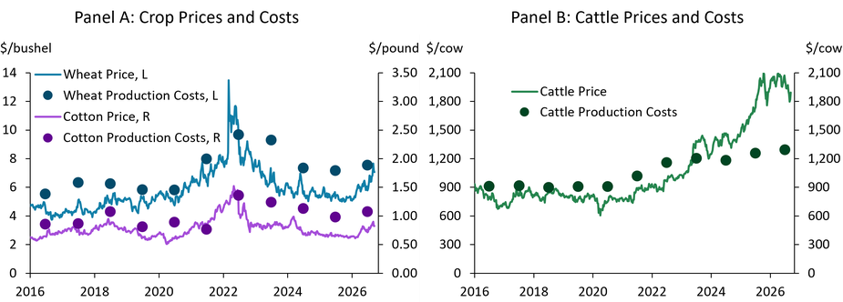 Panel A shows a time series of wheat and cotton prices from 2016 to 2026, versus their production costs. Panel B shows a time series of cattle prices from 2016 to 2026, versus cattle production costs.