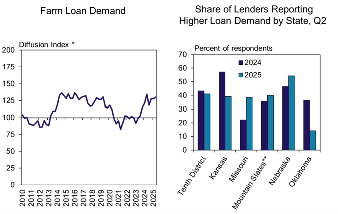 Chart 4: Tenth District Farm Loan Demand Two charts: the left line chart shows the diffusion index of farm loan demand over several quarters, while the right chart compares the diffusion index across different states within the Tenth District. These charts illustrate trends in loan demand over time and across geographic regions.