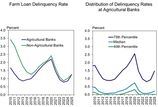 Chart 5: Farm Loan Delinquency Rates at Commercial Banks, Q2 - Two line charts showing farm loan delinquency rates at agricultural banks and non-agricultural banks from 2010 to 2025 (left panel) and the distribution of delinquency rates across agricultural banks (right panel) from 2010 to 2015. Delinquency rates increased slightly but remained low compared with historical averages.