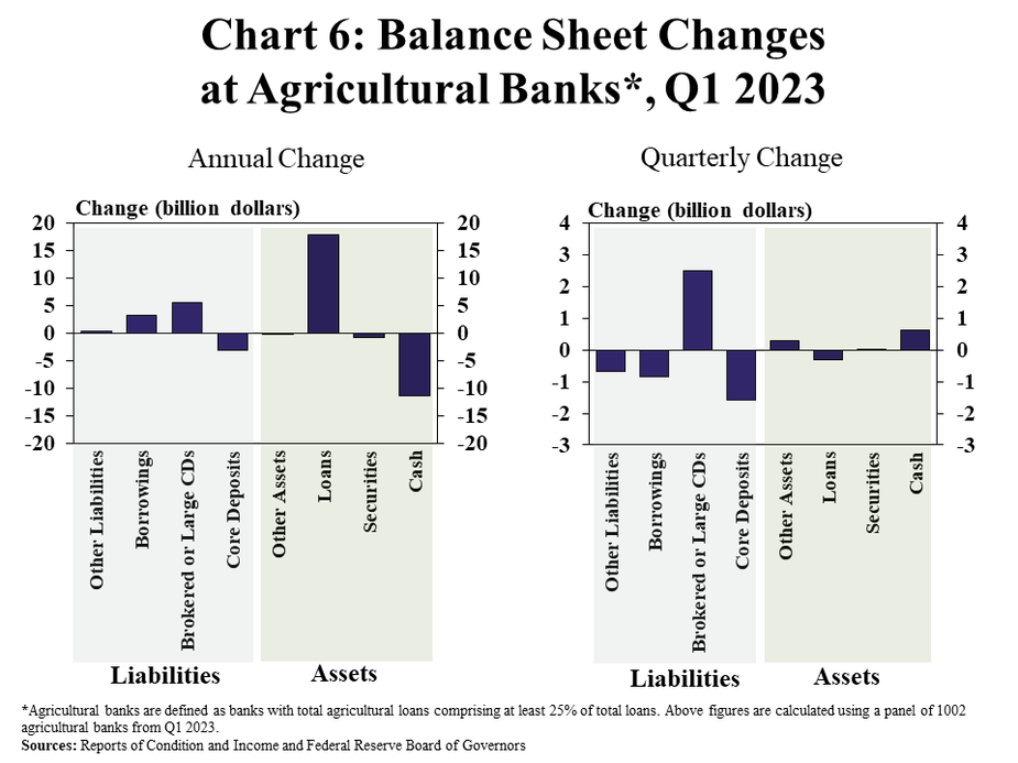 Balance Sheet Changes at Agricultural Banks*, Q1 2023, includes two individual charts. Left, Annual Change-  is a clustered column chart showing the annual change (in billion dollars) to primary asset and liability accounts with bars for (Other Liabilities, Borrowings, Brokered or Large CDs, Core Deposits, Other Assets, Loans, Securities, and Cash). Right, Quarterly Change– is a clustered column chart showing the quarterly change (in billion dollars) to primary asset and liability accounts with bars for (Other Liabilities, Borrowings, Brokered or Large CDs, Core Deposits, Other Assets, Loans, Securities, and Cash).