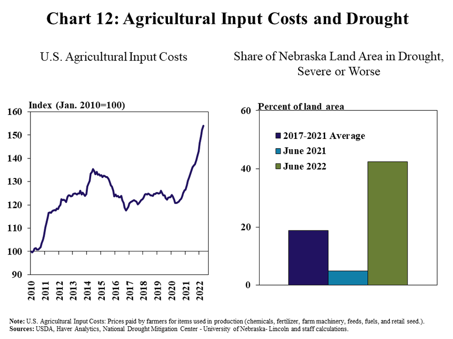 Chart 12: Agricultural Input Costs and Drought– includes two individual panels. Left, U.S. Agricultural Input Costs- is a line graph showing an index (Jan. 2010=100) or agricultural inputs costs during every month from January 2010 to April 2022. Right, Share of Nebraska Land Area in Drought, Sever or Worse - is a clustered column chart showing the percent of Nebraska land in sever drought or worse with columns for 2017-2021 Average, June 2021 and June 2022.  Note: U.S. Agricultural Input Costs: Prices paid by farmers for items used in production (chemicals, fertilizer, farm machinery, feeds, fuels, and retail seed.). Sources: USDA, Haver Analytics, National Drought Mitigation Center - University of Nebraska- Lincoln and staff calculations.