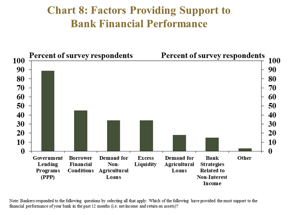 Chart 8: Factors Providing Support to Bank Financial Performance - is a bar chart showing the percent of survey respondents that selected the following factors as sources of support for bank financial performance: Government Lending Programs (PPP), Borrower Financial Conditions, Demand for Non-Agricultural Loans, Excess Liquidity, Demand for Agricultural Loans, Bank Strategies Related to Non-Interest Income and other.   Note: Bankers responded to the following questions by selecting all that apply: Which of the following have provided the most support to the financial performance of your bank in the past 12 months (i.e. net income and return on assets)?