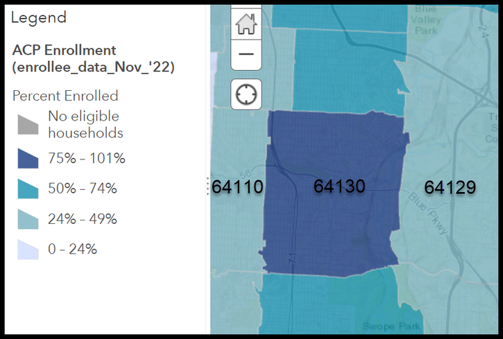 The map shows three ZIP codes in midtown Kansas City, Missouri. The map is color coded in shades of blue so you can tell which ZIP codes have which levels of broadband adoption.