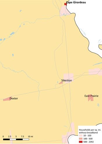 Map shows where people are unsubscribed from broadband in the Cape Girardeau metro area. Households without broadband exist in areas by Cape Girardeau, Sikeston, East Prairie, and Dexter.