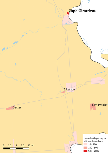 Map shows where people are unsubscribed from broadband in the Cape Girardeau metro area. Households without broadband exist in areas by Cape Girardeau, Sikeston, East Prairie, and Dexter.