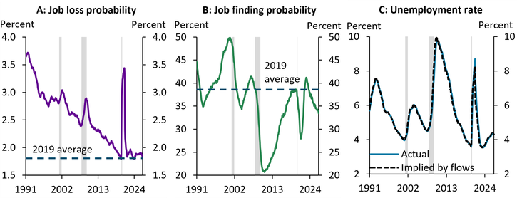 Chart 1 shows that the current unemployment rate is the result of a low job loss rate rather than a high job finding rate, using three panels with recessions shaded in gray. Panel A shows that the job loss rate is 1.8 percent, near historical lows and close to its pre-pandemic 2019 average. Panel B shows that the job finding rate is 34 percent, down from 39 percent in 2019. Panel C shows the unemployment rate implied by these two flows plotted alongside the actual unemployment rate, with the two closely tracking one another, both averaging around 4.2 and 4.3 percent this year.