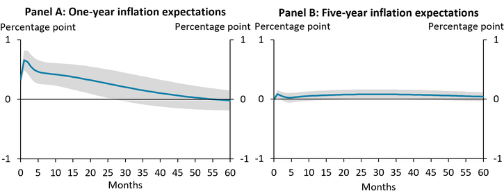 Chart 2 shows how consumers’ inflation expectations evolve after an oil price shock. Panel A shows that one year ahead inflation expectations increase after the shock and remain elevated for some time before returning to normal within a couple of years. Panel B shows that five-year-ahead inflation expectations remain well anchored and do not rise significantly after the shock.