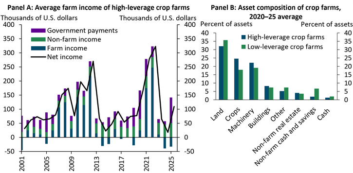 Panel A of Chart 2 shows that highleverage crop farms recorded an average loss of about $33,000 in 2025 when excluding nonfarm income and government payments. However, when including these sources, average net income in 2025 was more than $100,000, a substantial increase from 2024. Panel B shows that for both high and lowleverage crop farms, land makes up roughly 30 percent of all assets, with machinery comprising another 20 percent.