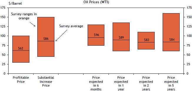 Firms were asked what oil and natural gas prices were needed on average for drilling to be profitable across the fields in which they are active. The average oil price needed was $62 per barrel and the average natural gas price needed was $3.72 per million Btu.