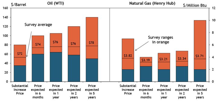 Expected oil and natural gas prices were higher than previous price expectations in 2020.   This quarter firms were asked what oil and natural gas prices were needed on average for a substantial increase in drilling to occur across the fields in which they are active. The average oil price needed was $72 per barrel, with a range of $35 to $80. This average was considerably higher than prices needed to substantially increase drilling the past few years. The average natural gas price needed was $3.82 per million Btu, with responses ranging from $2.00 to $7.00.