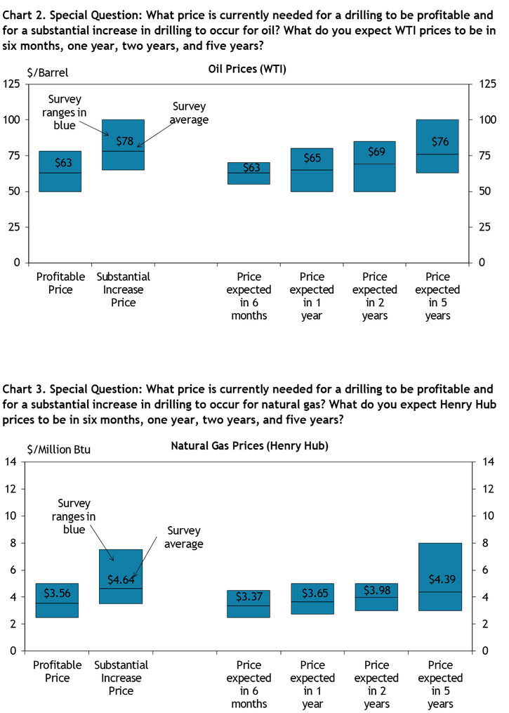 Firms were asked what oil prices were needed on average for drilling to be profitable and for a substantial increase to occur across the fields in which they are active, as well as their price expectations in six months, 1 year, 2 years, and 5 years. Chart 2 shows the average oil prices and ranges that firms reported.