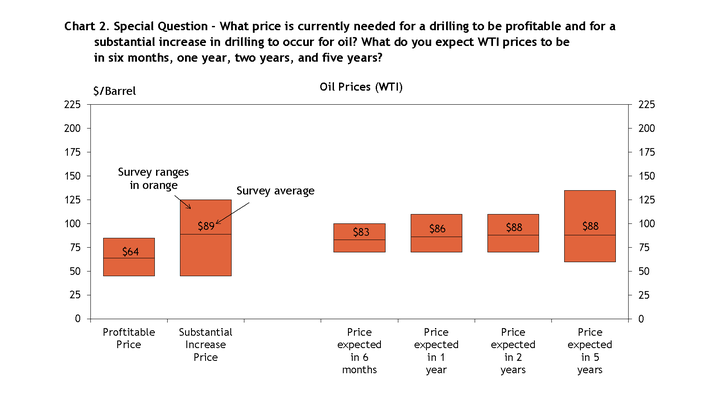 Firms were asked what oil and natural gas prices were needed on average for drilling to be profitable across the fields in which they are active. The average oil price needed was $64 per barrel, while the average natural gas price needed was $4.32 per million Btu.