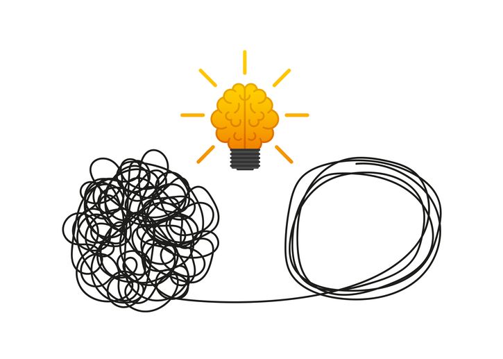 The image shows a tangled ball of string, a light bulb, and a circle of string untangled. It is intended to represent going from unclear to clear communication.