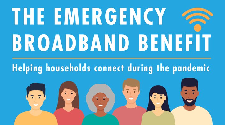 illustrated people with text that says The Emergency Broadband Benefit Helping Households Connect During the Pandemic