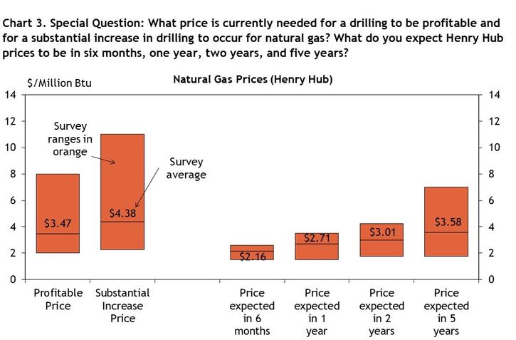 Firms were asked what natural gas prices were needed on average for drilling to be profitable and for a substantial increase to occur across the fields in which they are active, as well as their price expectations in six months, 1 year, 2 years, and 5 years. Chart 3 shows the average natural gas prices and ranges that firms reported.