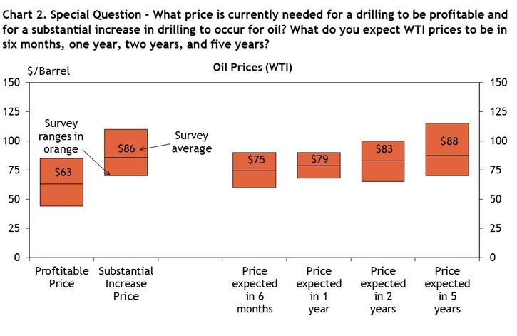 Firms were asked what oil prices were needed on average for drilling to be profitable and for a substantial increase to occur across the fields in which they are active, as well as their price expectations in six months, 1 year, 2 years, and 5 years. Chart 2 shows the average oil prices and ranges that firms reported.