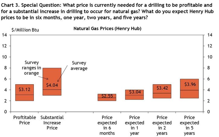 Firms were asked what natural gas prices were needed on average for drilling to be profitable and for a substantial increase to occur across the fields in which they are active, as well as their price expectations in six months, 1 year, 2 years, and 5 years. Chart 3 shows the average natural gas prices and ranges that firms reported.