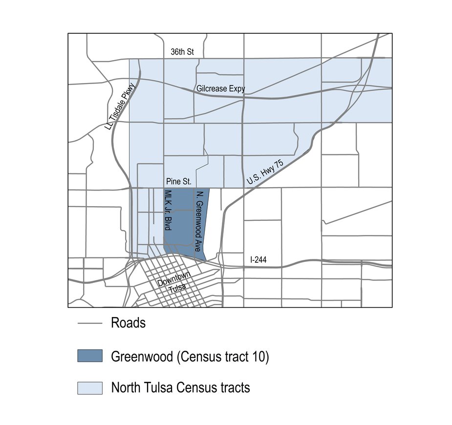 This early 20th century map shows boundaries for the Greenwood neighborhood and the North Tulsa tracts that borders it.