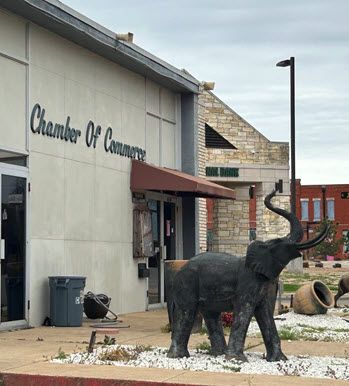 Outside a plain gray building with a sign that reads, Chamber of Commerce, there is the statue of an elephant. It's probably half-size, maybe third-size. Its trunk is raised and it looks feisty.