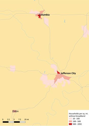 Map shows where households do not subscribe to broadband. The most urban unsubscribed are in areas in and around Columbia and Jefferson City, and Eldon.