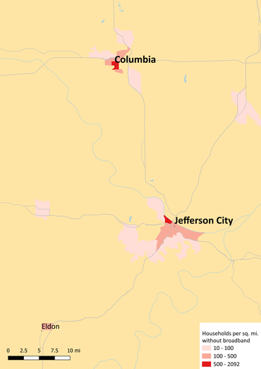 Map shows where households do not subscribe to broadband. The most urban unsubscribed are in areas in and around Columbia and Jefferson City, and Eldon.