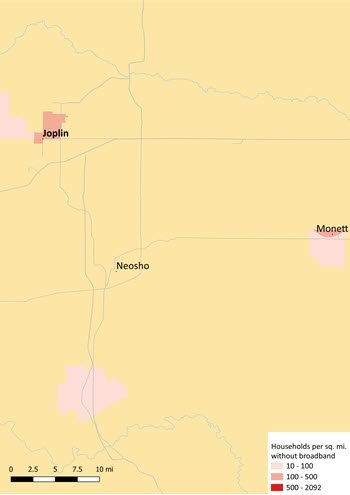 Map shows where people are not subscribed to broadband in the Joplin metro area. Unsubscribed households exist in Joplin itself, and in Monett.