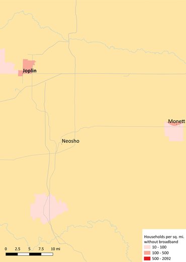 Map shows where people are not subscribed to broadband in the Joplin metro area. Unsubscribed households exist in Joplin itself, and in Monett.
