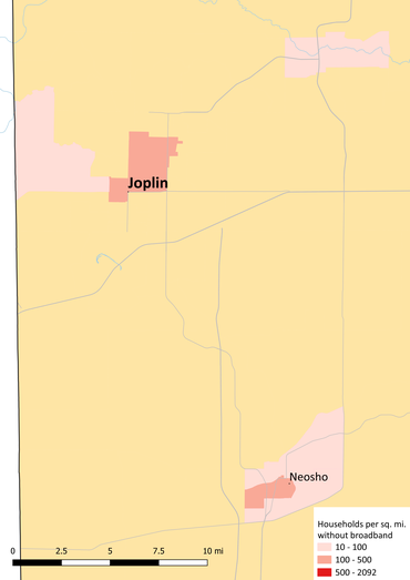 Map shows where people are not subscribed to broadband in the Joplin metro area. Unsubscribed households exist in Joplin itself, and in Monett.