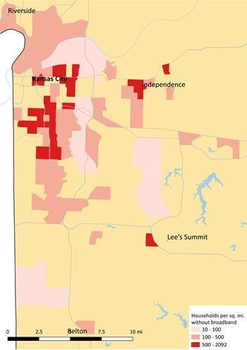 This map shows where in Kansas City people who could have access to broadband do not subscribe to broadband service. Many of the most unsubscribed communities are in the urban core, but there are also unsubscribed areas in Independence and Lee's Summit, suburbs to the east of Kansas City.