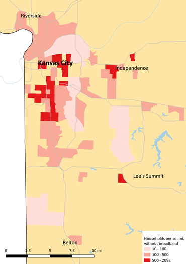 This map shows where in Kansas City people who could have access to broadband do not subscribe to broadband service. Many of the most unsubscribed communities are in the urban core, but there are also unsubscribed areas in Independence and Lee's Summit, suburbs to the east of Kansas City.