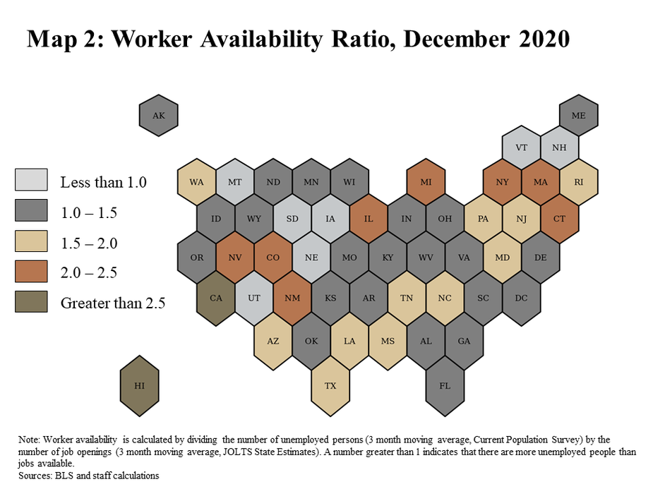 Map 2: Worker Availability Ratio, December 2020 is a map showing the worker availability ratio for each state in December 2020. Each state is shown as an equally-sized hexagon. In the note, it is explained that Worker availability is calculated by dividing the number of unemployed persons (3 month moving average, Current Population Survey) by the number of job openings (3 month moving average, JOLTS State Estimates). A number greater than 1 indicates that there are more unemployed people than jobs available. The data sources are the BLS and staff calculations.