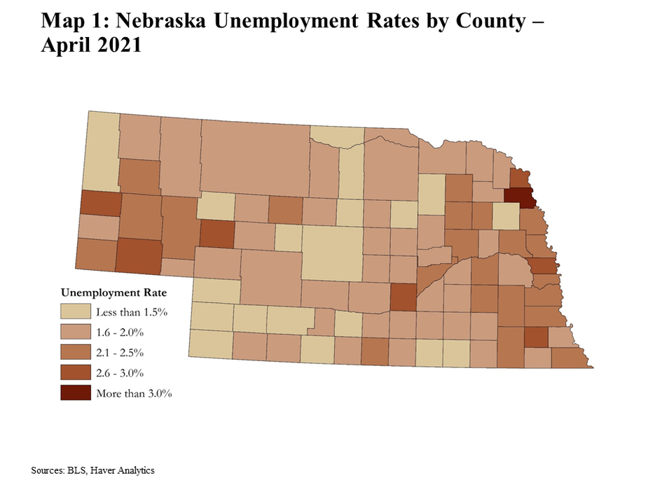 Map 1: Nebraska Unemployment Rates by County – April 2021 is a map showing county level unemployment rates in Nebraska for April 2021. Data sources are the BLS and Haver Analytics.