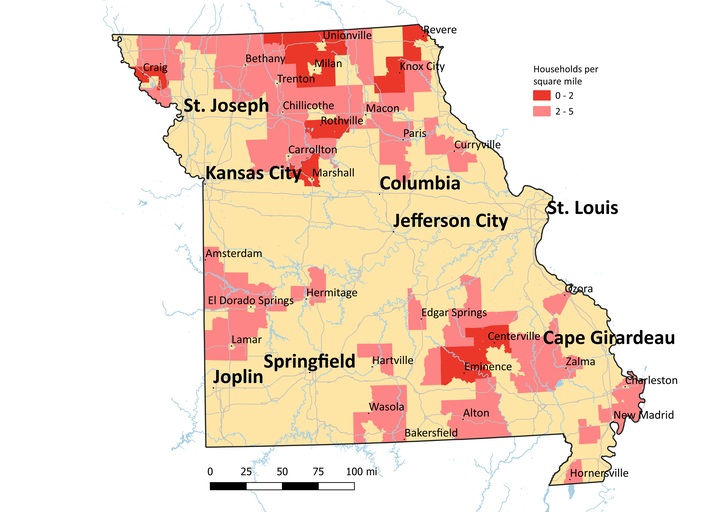 The map shows the least densely populated areas in Missouri, with two to five households per square mile in pink, and zero to two households per square mile in red.