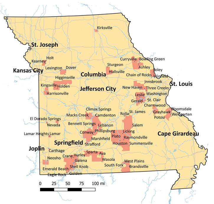The map shows areas where the most people likely don't have broadband and which have higher population density compared with the most rural areas of the state. The unserved areas represent nearly 100,000 households without access to 100/20 broadband.