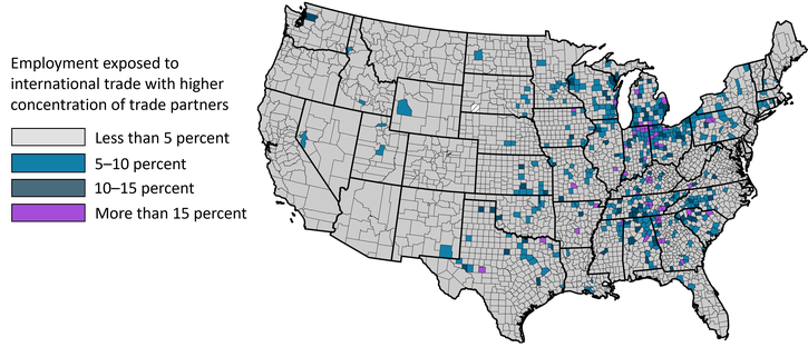 Map 1 shows that only a handful of counties in the Tenth District account for most of the employment in industries most at risk to changes in international trade. Individual counties most exposed to highly concentrated international trade tend to be in Kansas and Oklahoma, particularly in areas with transportation manufacturing in subindustries such as aerospace.