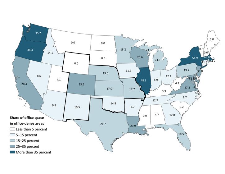 Map 1 shows that in the Tenth Federal Reserve District, the share of office space in office-dense areas ranges from 0 percent in Wyoming to 33.5 percent in Colorado. Most Tenth District states, however, have a lower share of office space in office-dense areas than the national average.